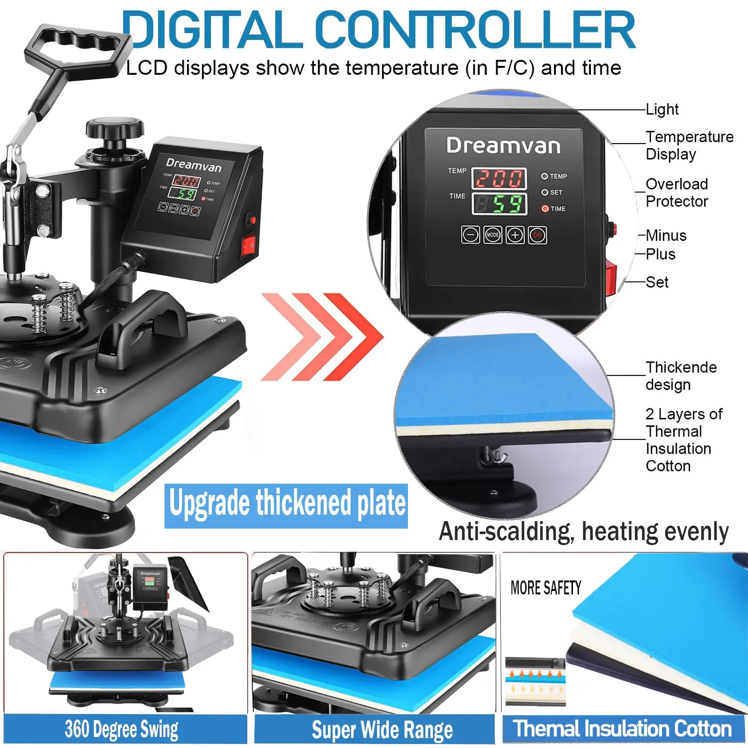 AKEYDIY 5 in 1 Heat Press Machine for t Shirts Professional Swing Away Heat Press Digital Combo 12" x 15" 360-degree Rotation Shirt Press Machine Sublimation Heat Transfer for T Shirts Mug Hat Plate