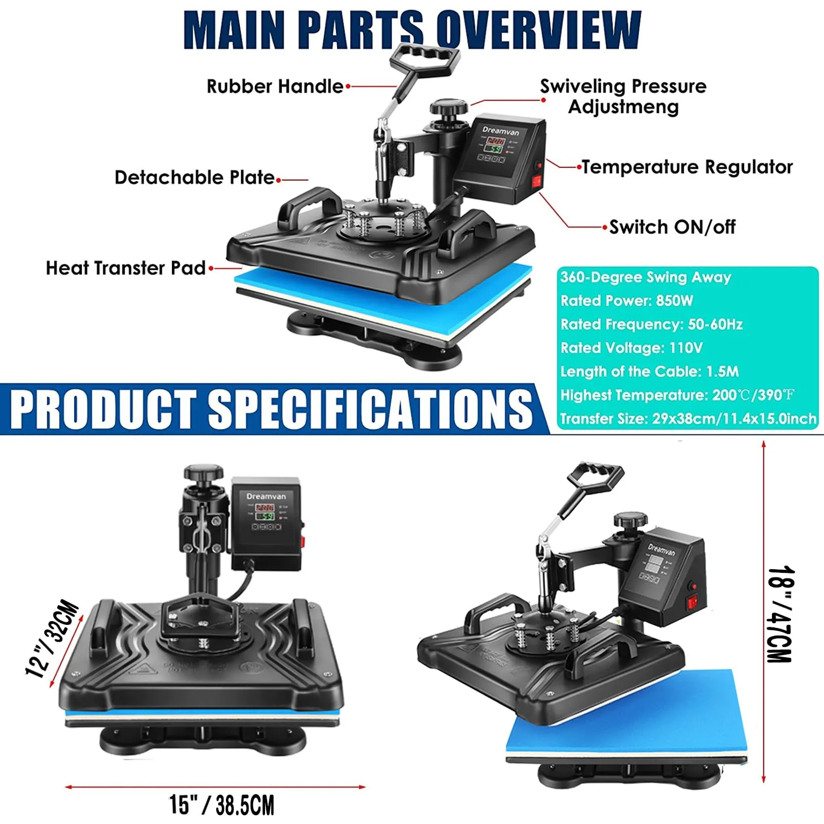 AKEYDIY 5 in 1 Heat Press Machine for t Shirts Professional Swing Away Heat Press Digital Combo 12" x 15" 360-degree Rotation Shirt Press Machine Sublimation Heat Transfer for T Shirts Mug Hat Plate