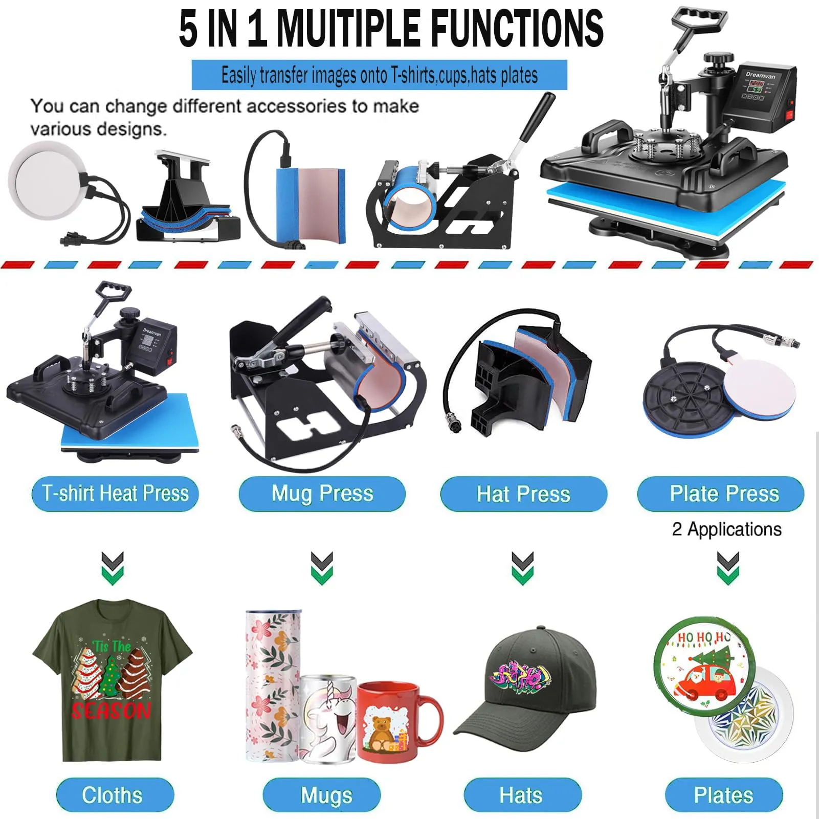 AKEYDIY 5 in 1 Heat Press Machine for t Shirts Professional Swing Away Heat Press Digital Combo 12" x 15" 360-degree Rotation Shirt Press Machine Sublimation Heat Transfer for T Shirts Mug Hat Plate
