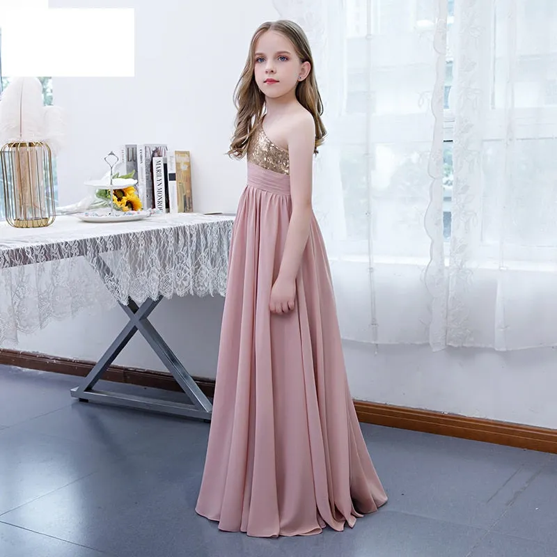 Children's dress party performance wedding flower girl sequined one shoulder girls long evening dress