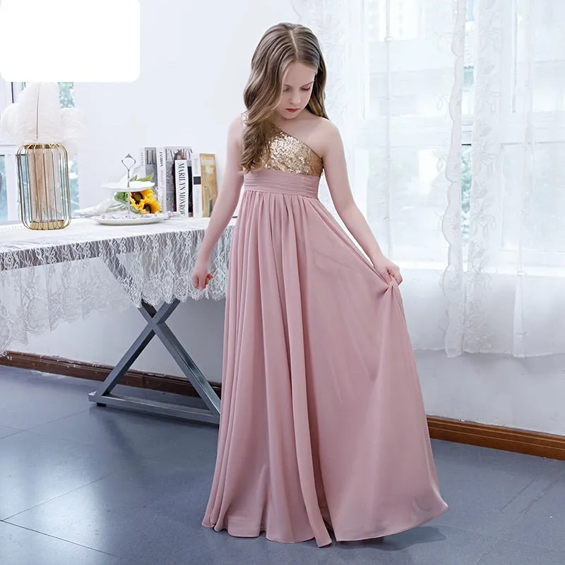 Children's dress party performance wedding flower girl sequined one shoulder girls long evening dress