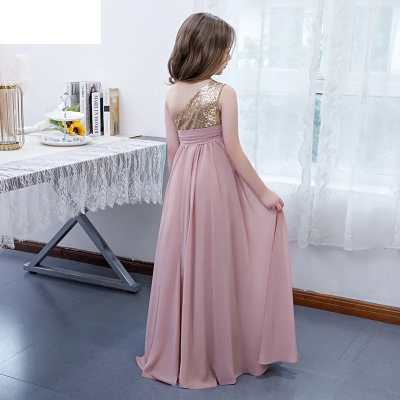 Children's dress party performance wedding flower girl sequined one shoulder girls long evening dress