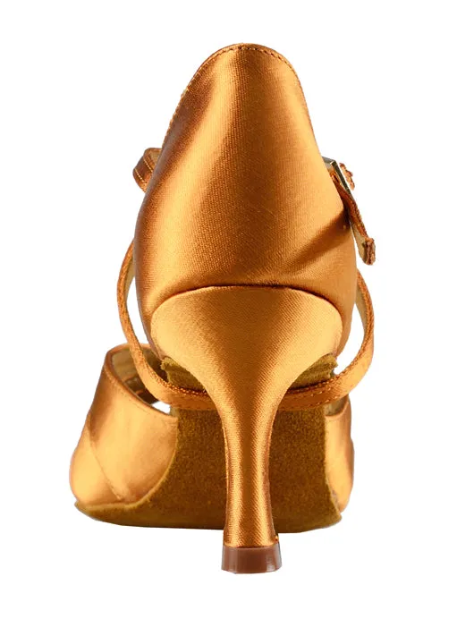 Dance America Phoenix Ladies Dark Tan Satin Latin Dance Shoe with 3 Strap Vamp