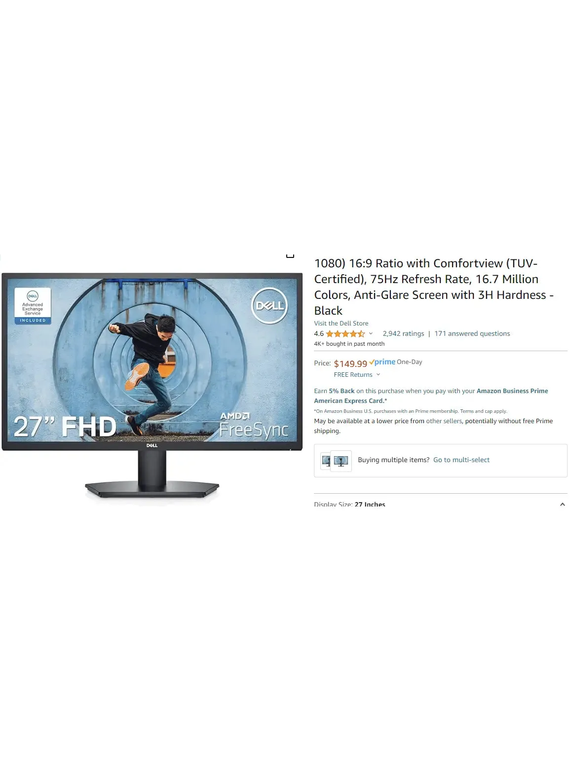Dell SE2722HX Monitor - 27 inch FHD (1920 x 1080) 16:9 Ratio with Comfortview (TUV-Certified), 75Hz Refresh Rate, 16.7 Million Colors, Anti-Glare Screen with 3H Hardness - Black