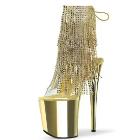 Gold 20cm Heel Peep Toe Drag Shoes with Rhinestone Fringe