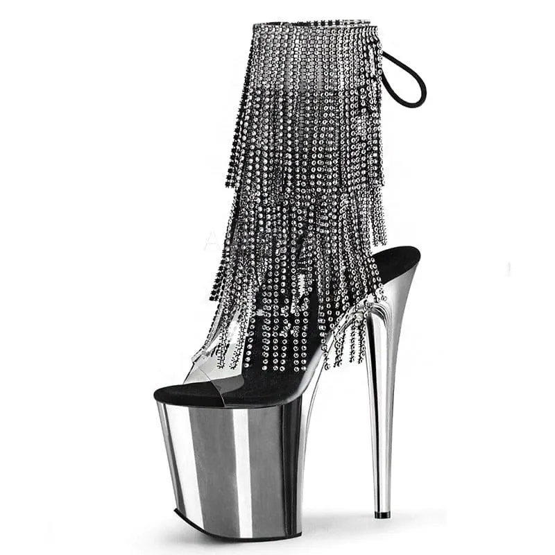 Gold 20cm Heel Peep Toe Drag Shoes with Rhinestone Fringe