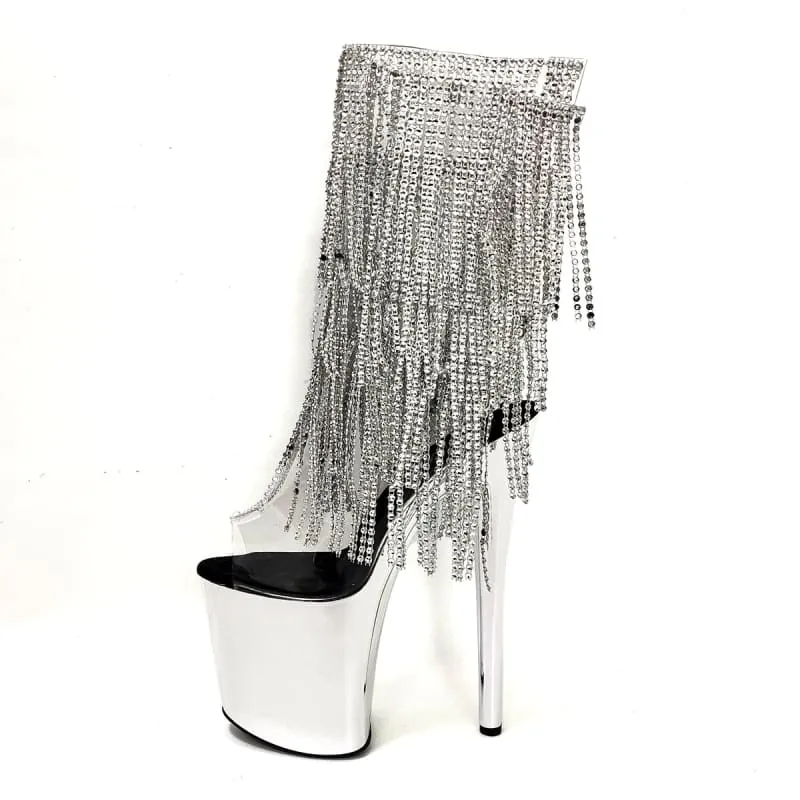 Gold 20cm Heel Peep Toe Drag Shoes with Rhinestone Fringe