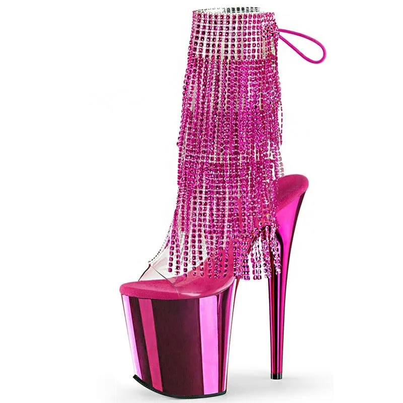 Gold 20cm Heel Peep Toe Drag Shoes with Rhinestone Fringe