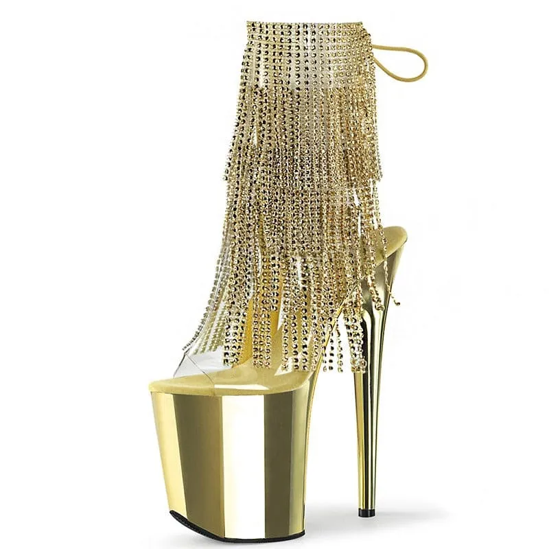 Gold 20cm Heel Peep Toe Drag Shoes with Rhinestone Fringe