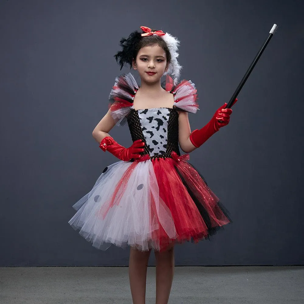 Halloween Children's Cosplay Movie Black and White Puppy Dress Small Round Dot Printed Mesh Stage Performance Cosplay Costume