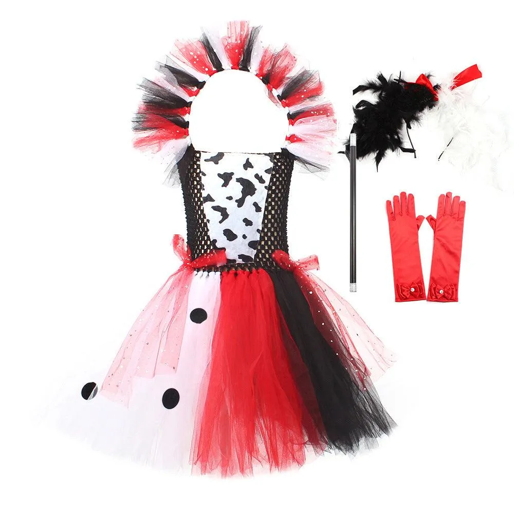 Halloween Children's Cosplay Movie Black and White Puppy Dress Small Round Dot Printed Mesh Stage Performance Cosplay Costume