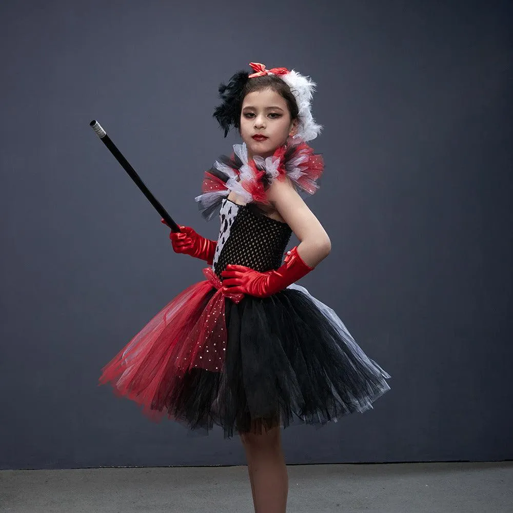 Halloween Children's Cosplay Movie Black and White Puppy Dress Small Round Dot Printed Mesh Stage Performance Cosplay Costume