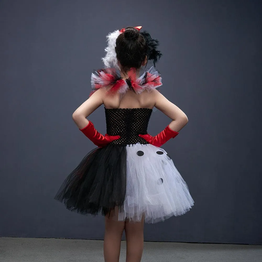 Halloween Children's Cosplay Movie Black and White Puppy Dress Small Round Dot Printed Mesh Stage Performance Cosplay Costume