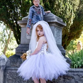 Halloween children's costume cosplay dance party horror white wedding dress girl princess dress stage performance dress headwear