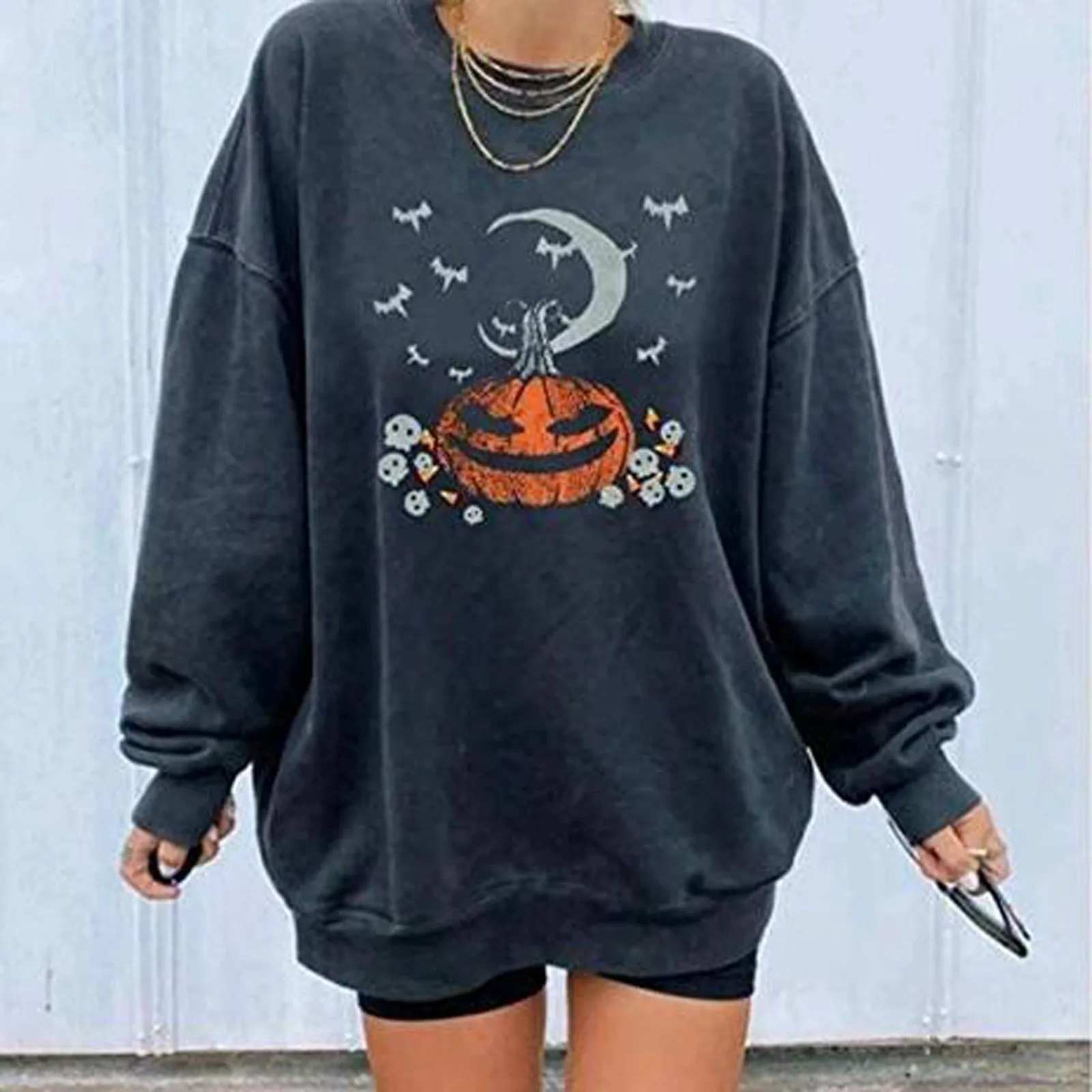 Joskaa Sweatshirt Printed Women'S Long Sleeve Hoodies Ladies Long Tops Print Blouse Solid Color Moon Pumpkin Halloween Sweatshirt