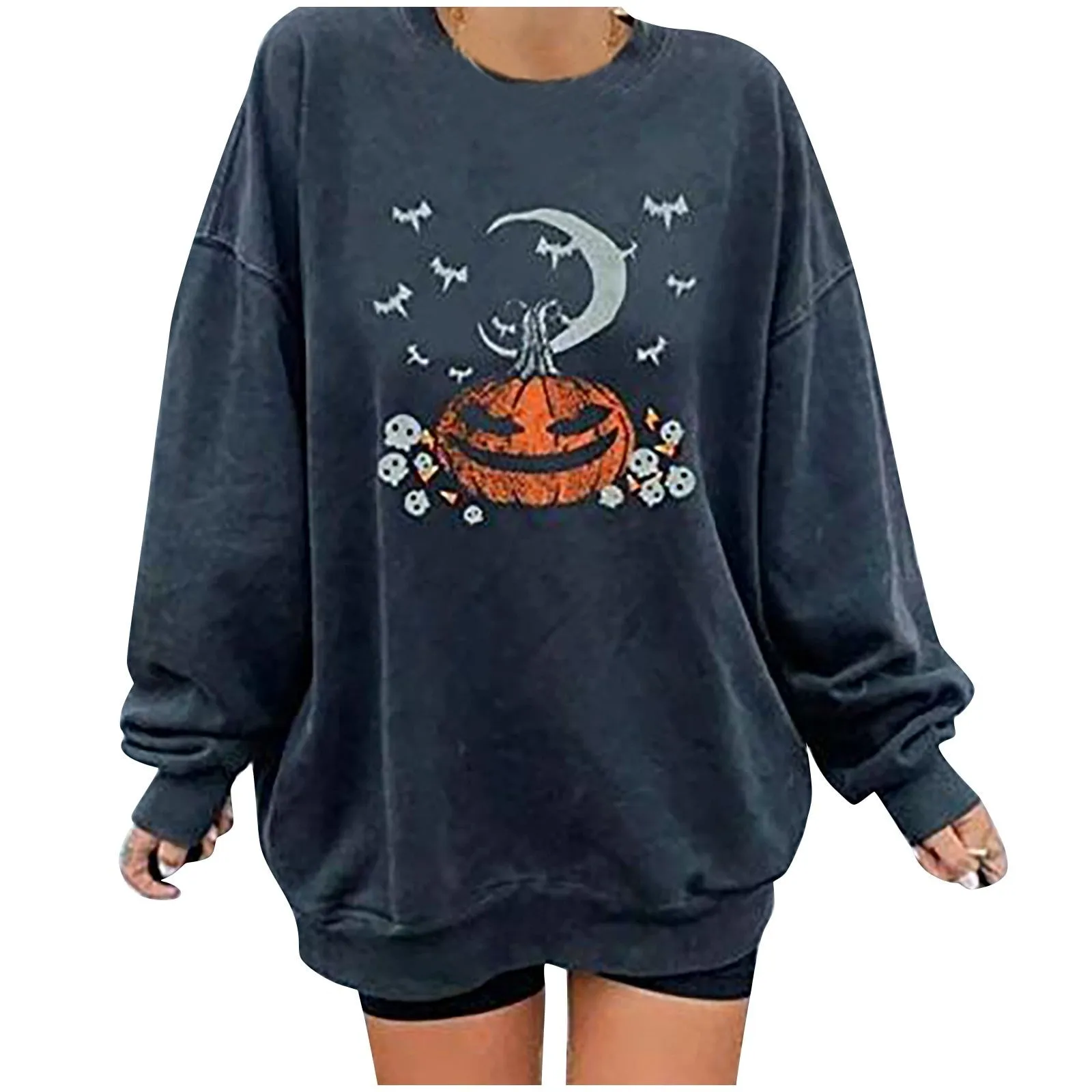 Joskaa Sweatshirt Printed Women'S Long Sleeve Hoodies Ladies Long Tops Print Blouse Solid Color Moon Pumpkin Halloween Sweatshirt