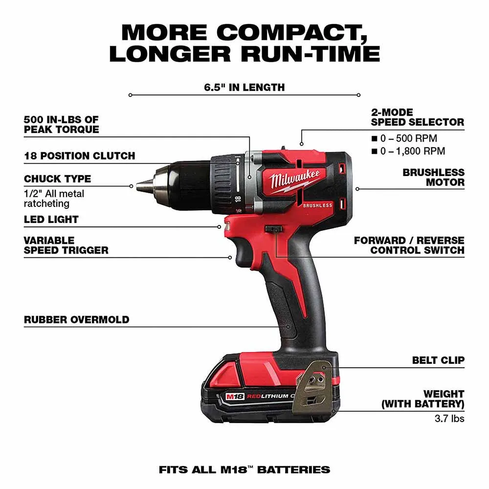 Milwaukee 2801-21P M18 CP Brushless Drill Kit - (1) CP2.0 Battery Pack