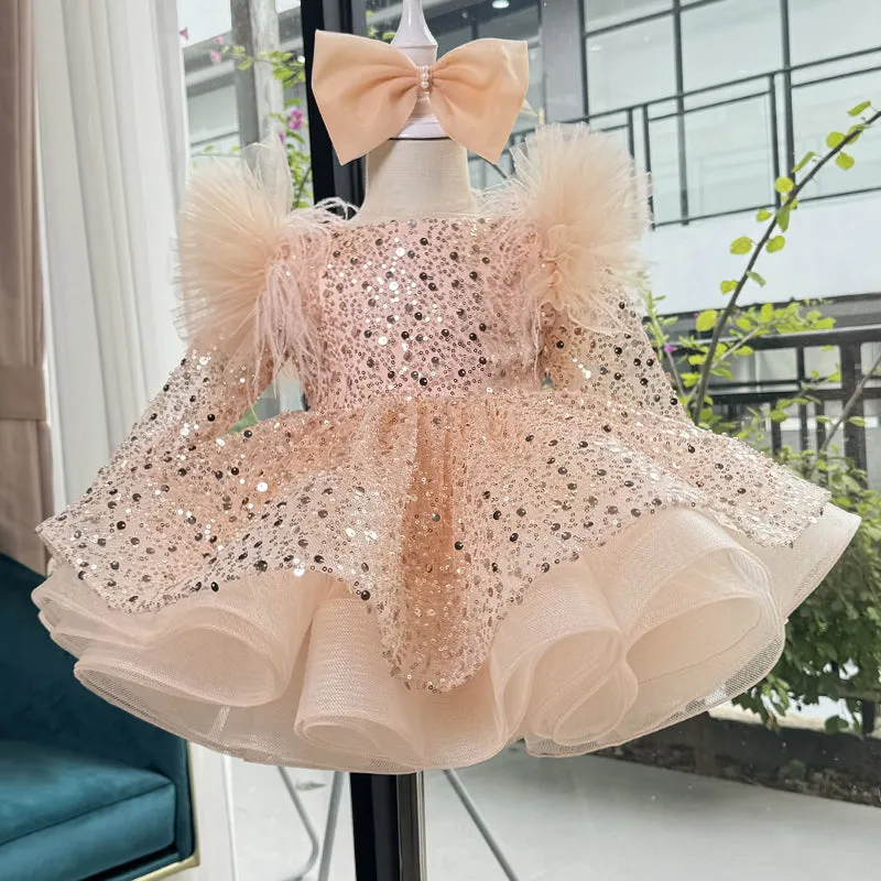 New Stage Performance First Birthday Sequined Long Sleeve Girls Dress