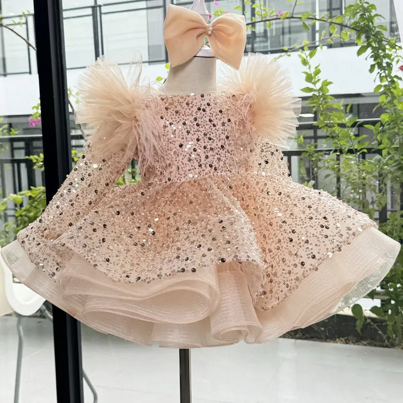 New Stage Performance First Birthday Sequined Long Sleeve Girls Dress