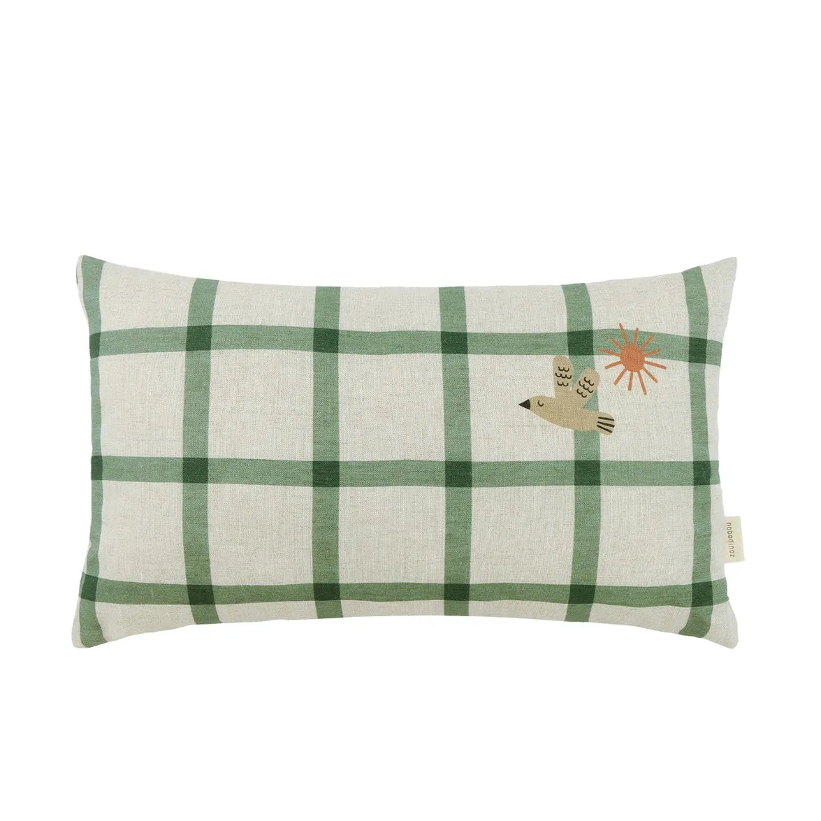 Nobodinoz Vibes Rectangular Linen Cushion - Green Windowpane Bird