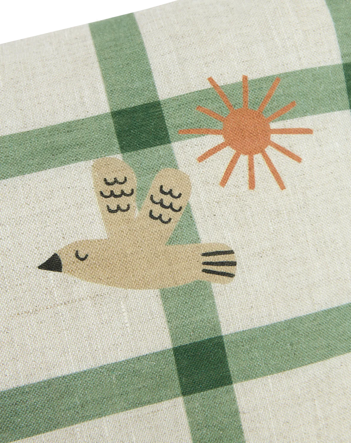 Nobodinoz Vibes Rectangular Linen Cushion - Green Windowpane Bird