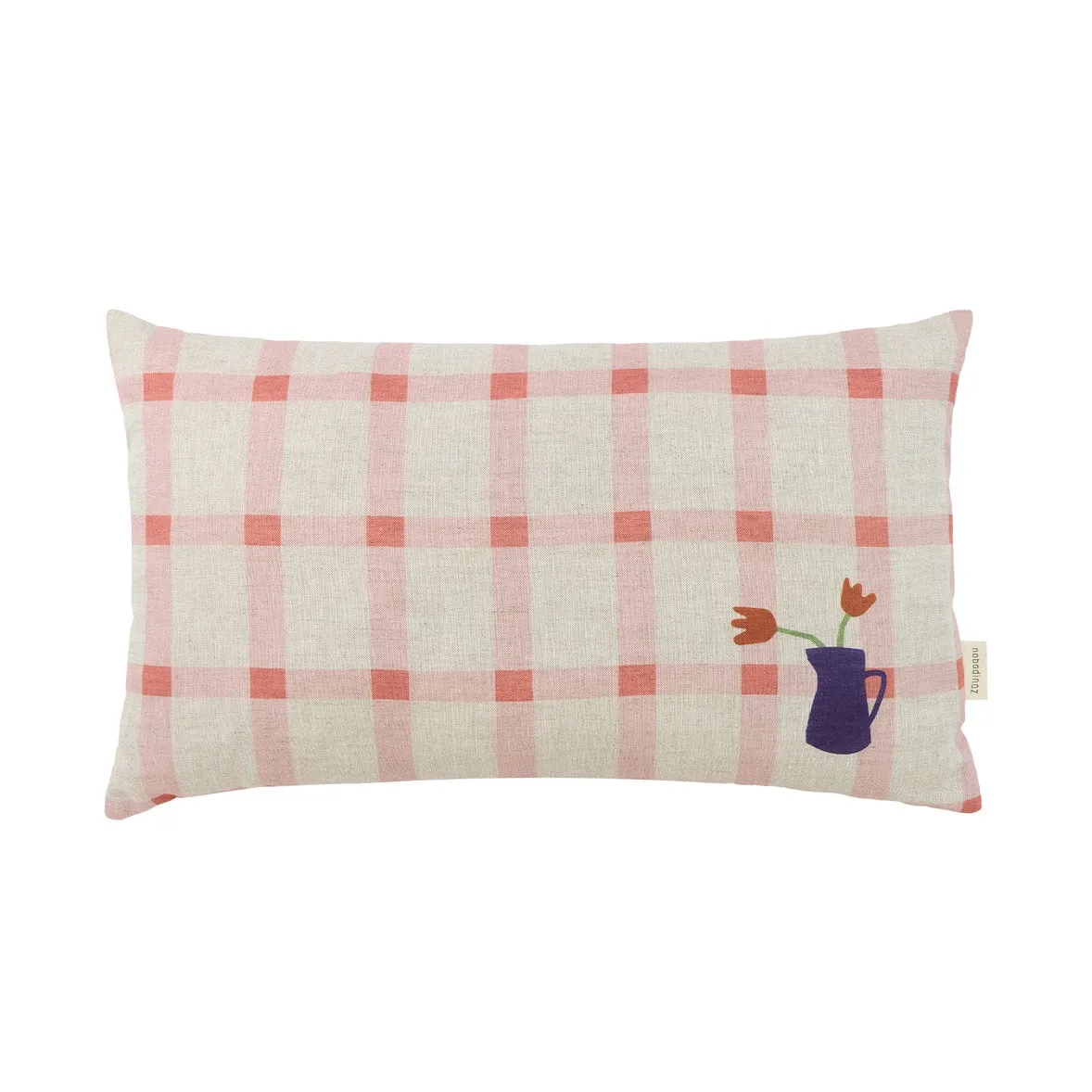 Nobodinoz Vibes Rectangular Linen Cushion - Pink Windowpane Tulips