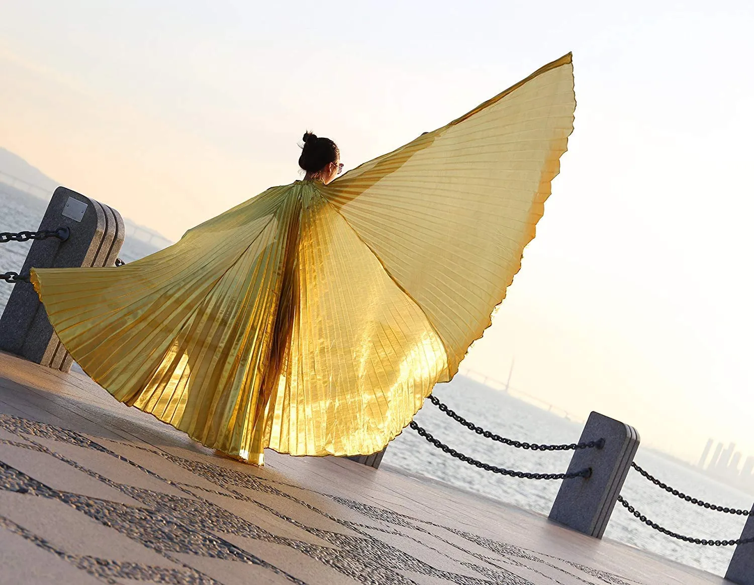 Opening Belly Dance Isis Wings Dancing Props with Sticks Rods-Golden