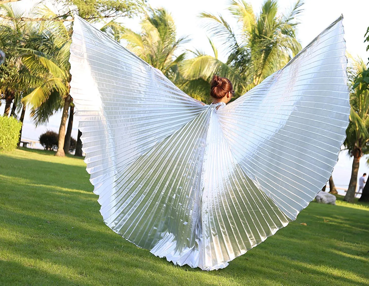 Opening Belly Dance Isis Wings Dancing Props with Sticks Rods-Silver