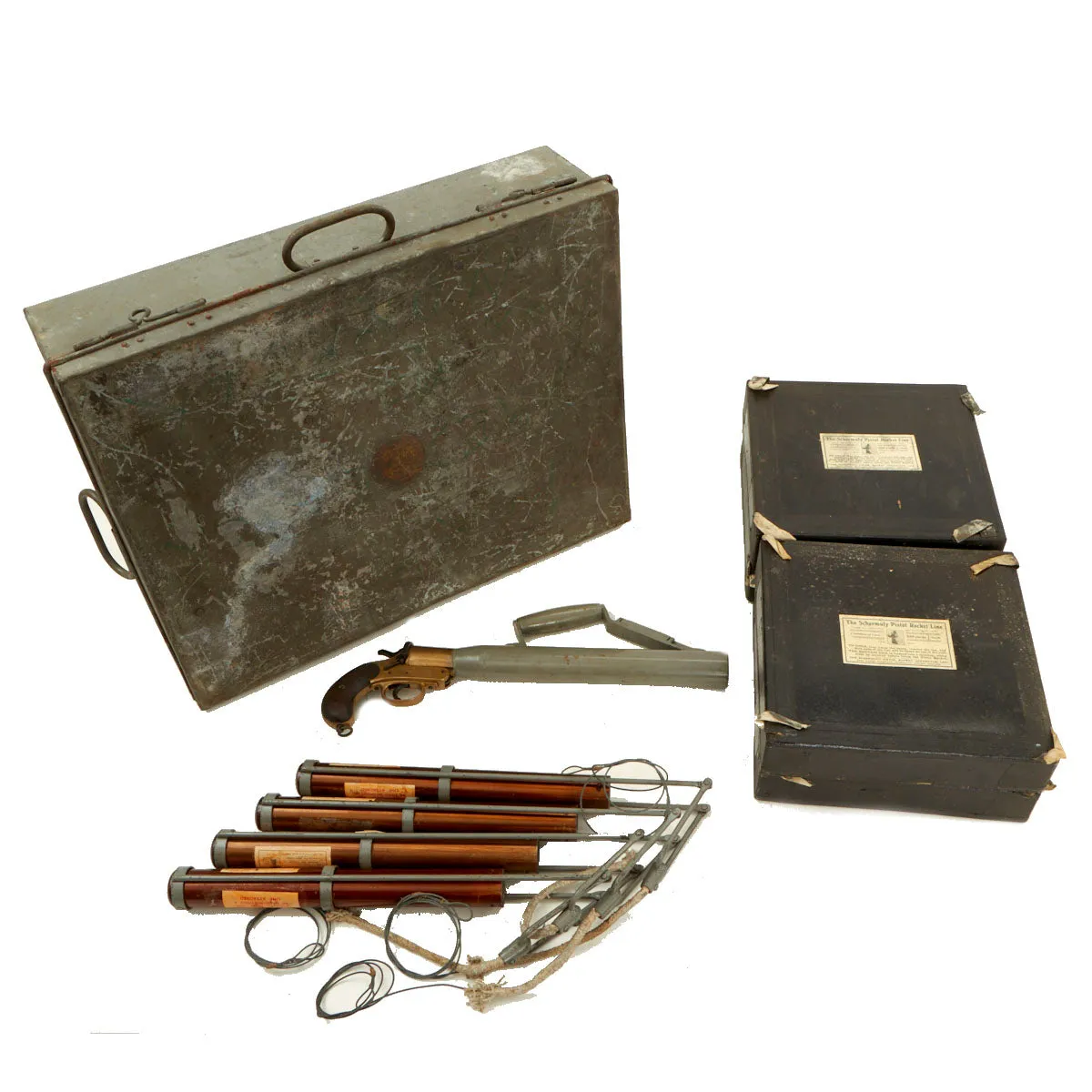 Original British Pre-WWII Schermuly Pistol Rocket Apparatus Rescue Line Thrower Set in Case - Serial No 10587