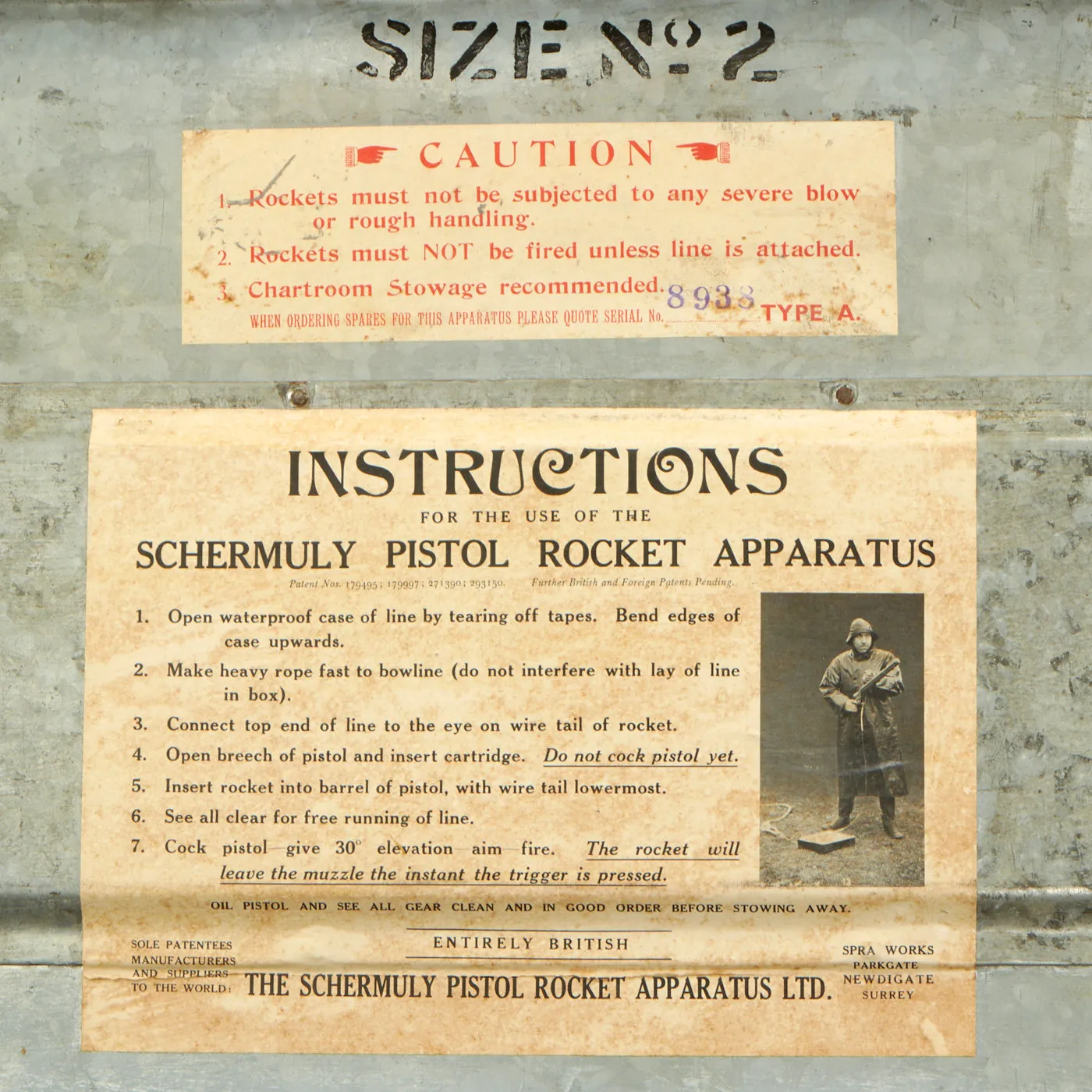 Original British Pre-WWII Schermuly Pistol Rocket Apparatus Rescue Line Thrower Set in Case - Serial No 10587