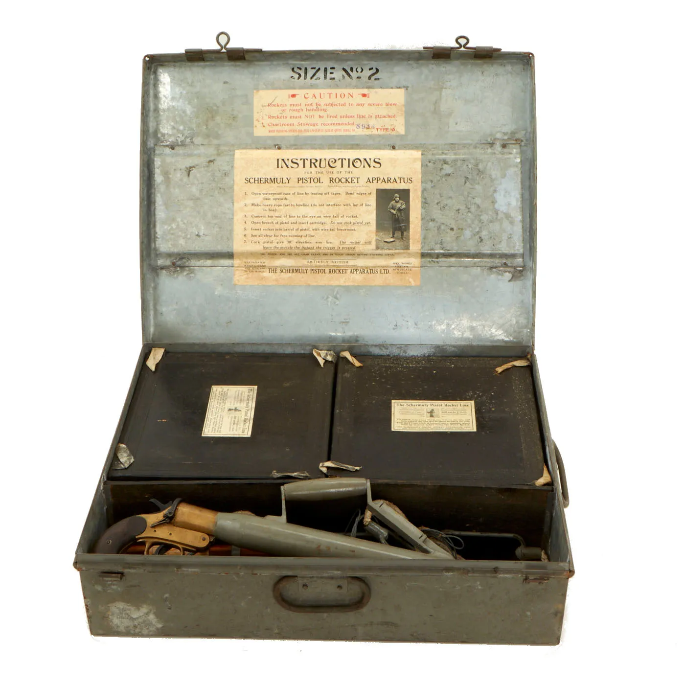 Original British Pre-WWII Schermuly Pistol Rocket Apparatus Rescue Line Thrower Set in Case - Serial No 10587