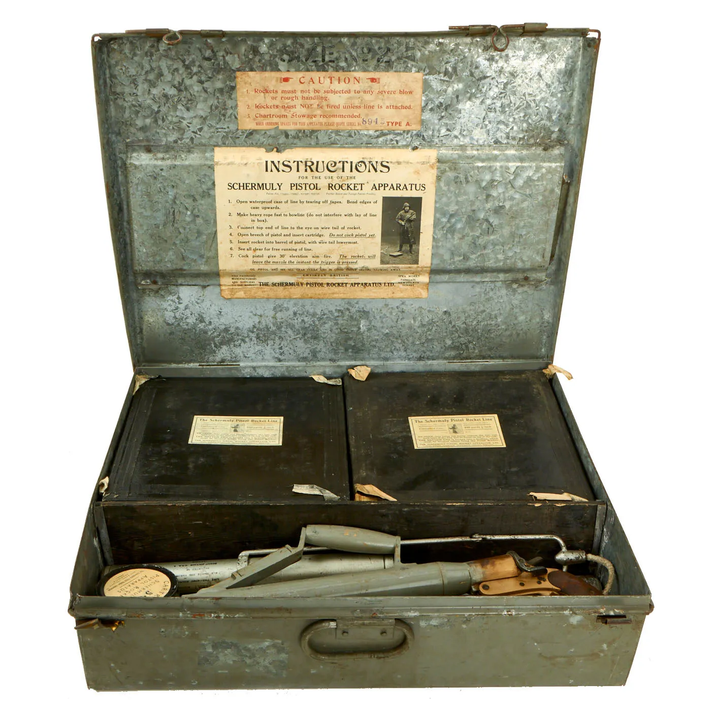 Original British Pre-WWII Schermuly Pistol Rocket Apparatus Rescue Line Thrower Set in Case - Serial No 12620