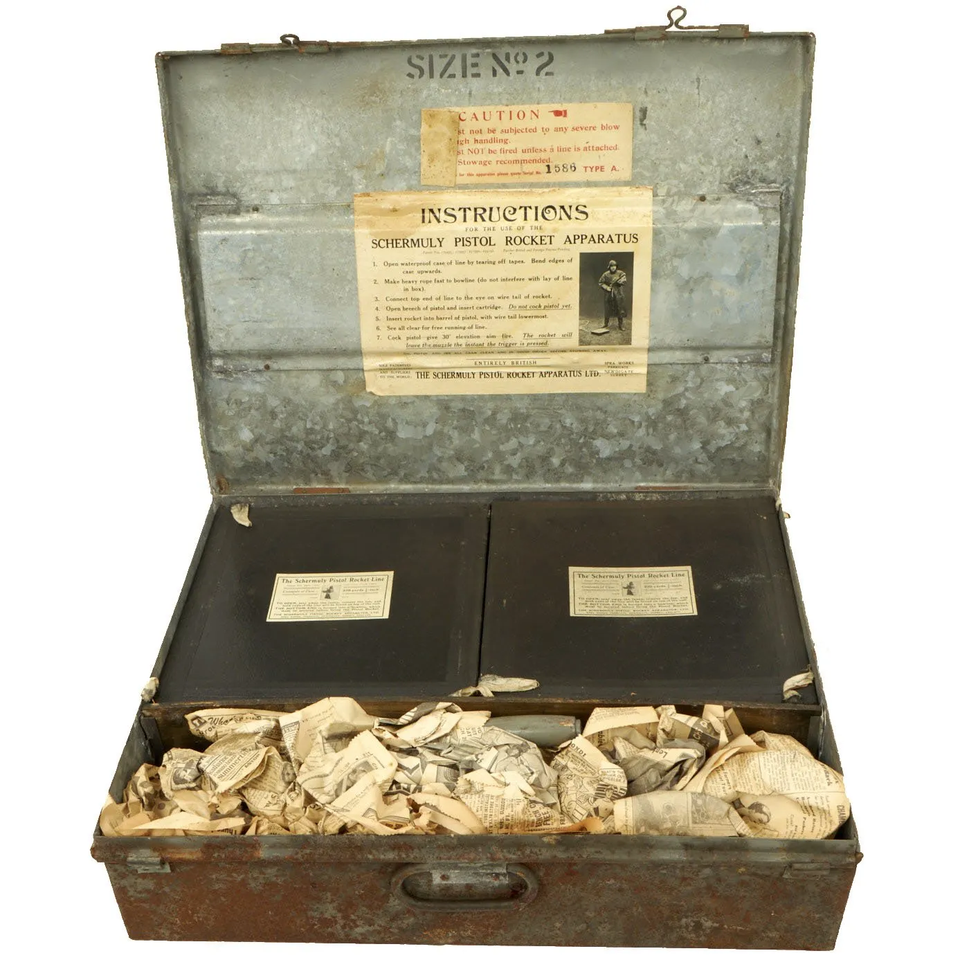 Original British Pre-WWII Schermuly Pistol Rocket Apparatus Rescue Line Thrower Set in Case - Serial No 60510