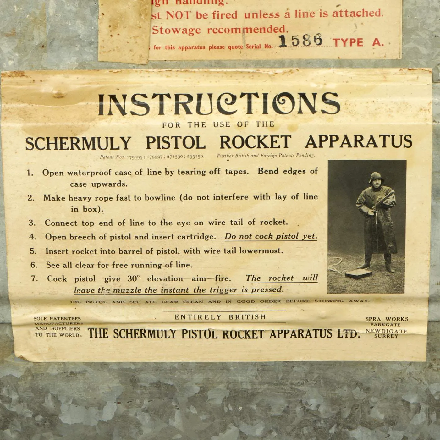 Original British Pre-WWII Schermuly Pistol Rocket Apparatus Rescue Line Thrower Set in Case - Serial No 60510