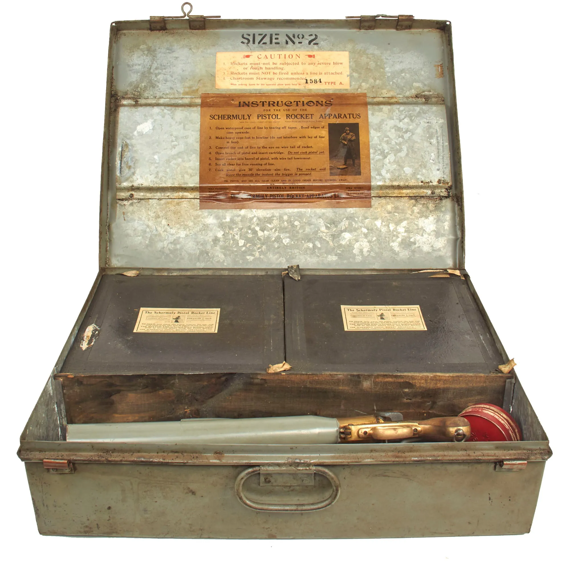 Original British Pre-WWII Schermuly Pistol Rocket Apparatus Rescue Line Thrower Set in Case - Serial No 65213
