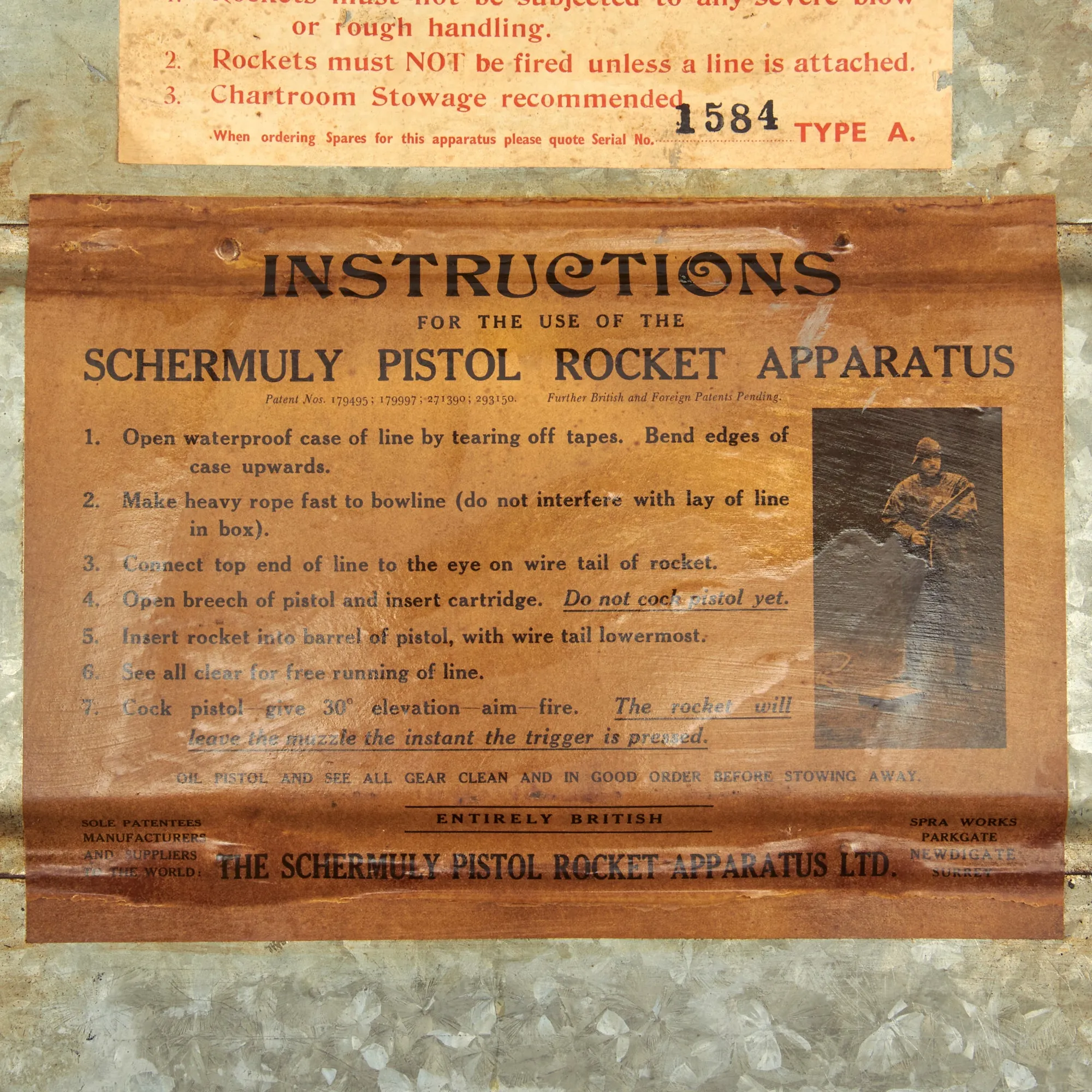Original British Pre-WWII Schermuly Pistol Rocket Apparatus Rescue Line Thrower Set in Case - Serial No 65213