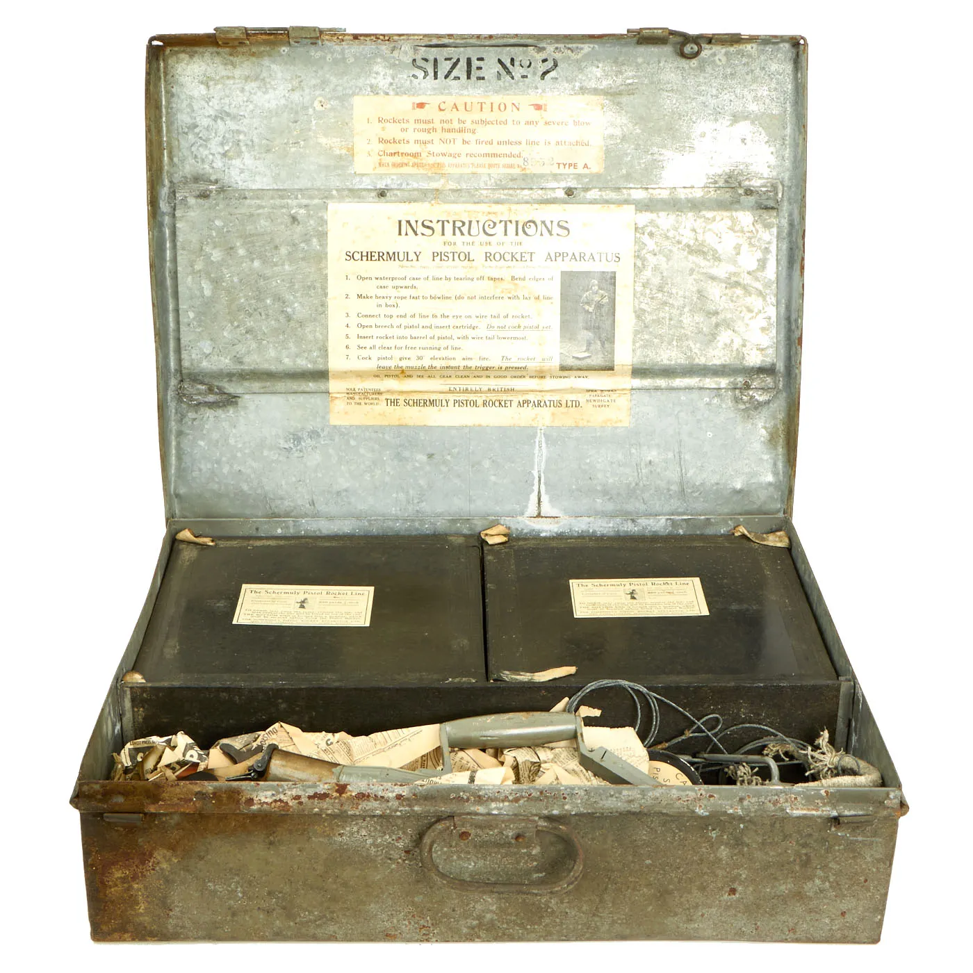 Original British Pre-WWII Schermuly Pistol Rocket Apparatus Rescue Line Thrower Set in Case - Serial No 80840