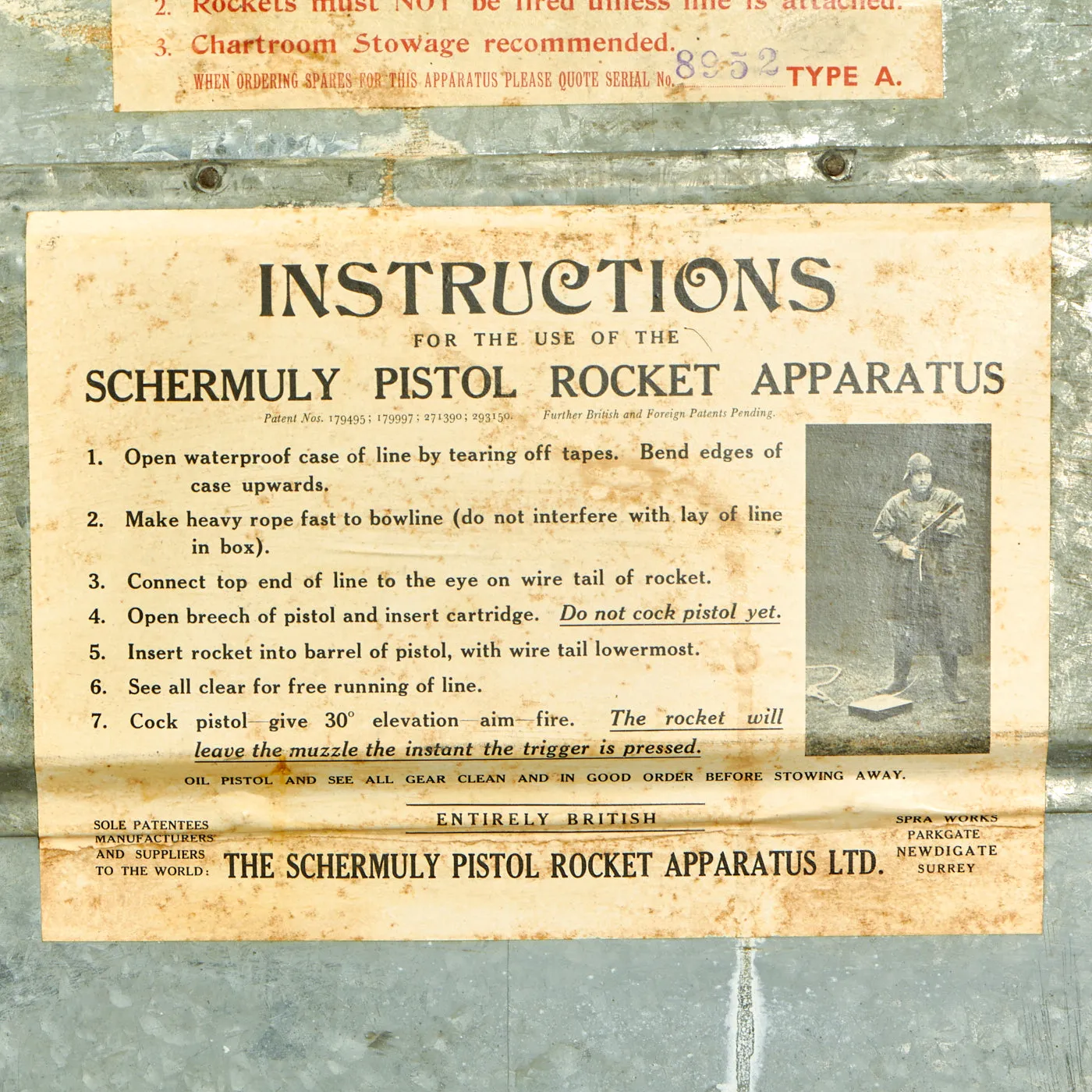 Original British Pre-WWII Schermuly Pistol Rocket Apparatus Rescue Line Thrower Set in Case - Serial No 80840