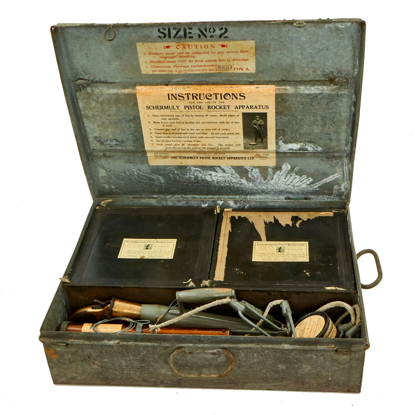 Original British Pre-WWII Schermuly Pistol Rocket Apparatus Rescue Line Thrower Set in Case - Serial No 8931