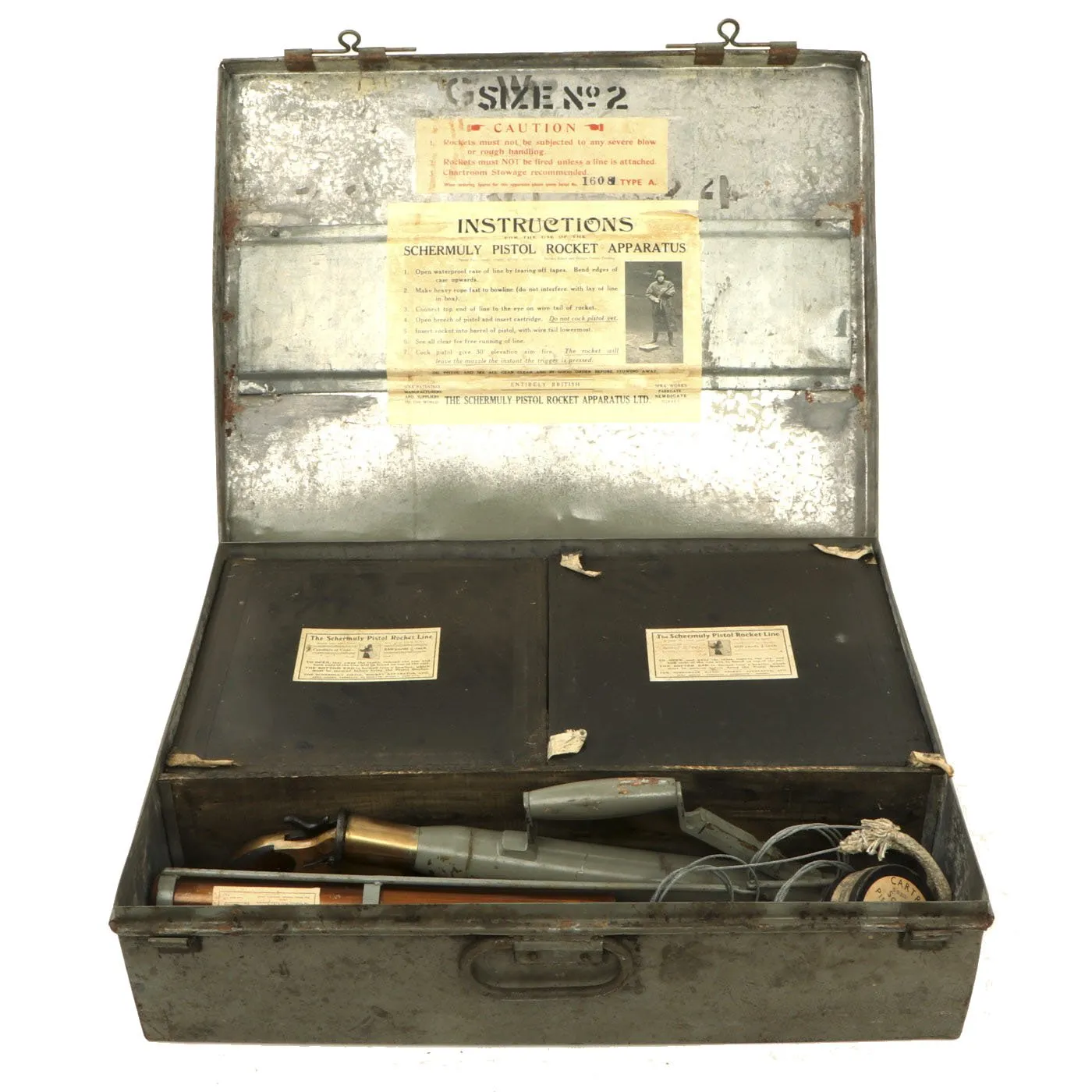Original British Pre-WWII Schermuly Pistol Rocket Apparatus Rescue Line Thrower Set in Case