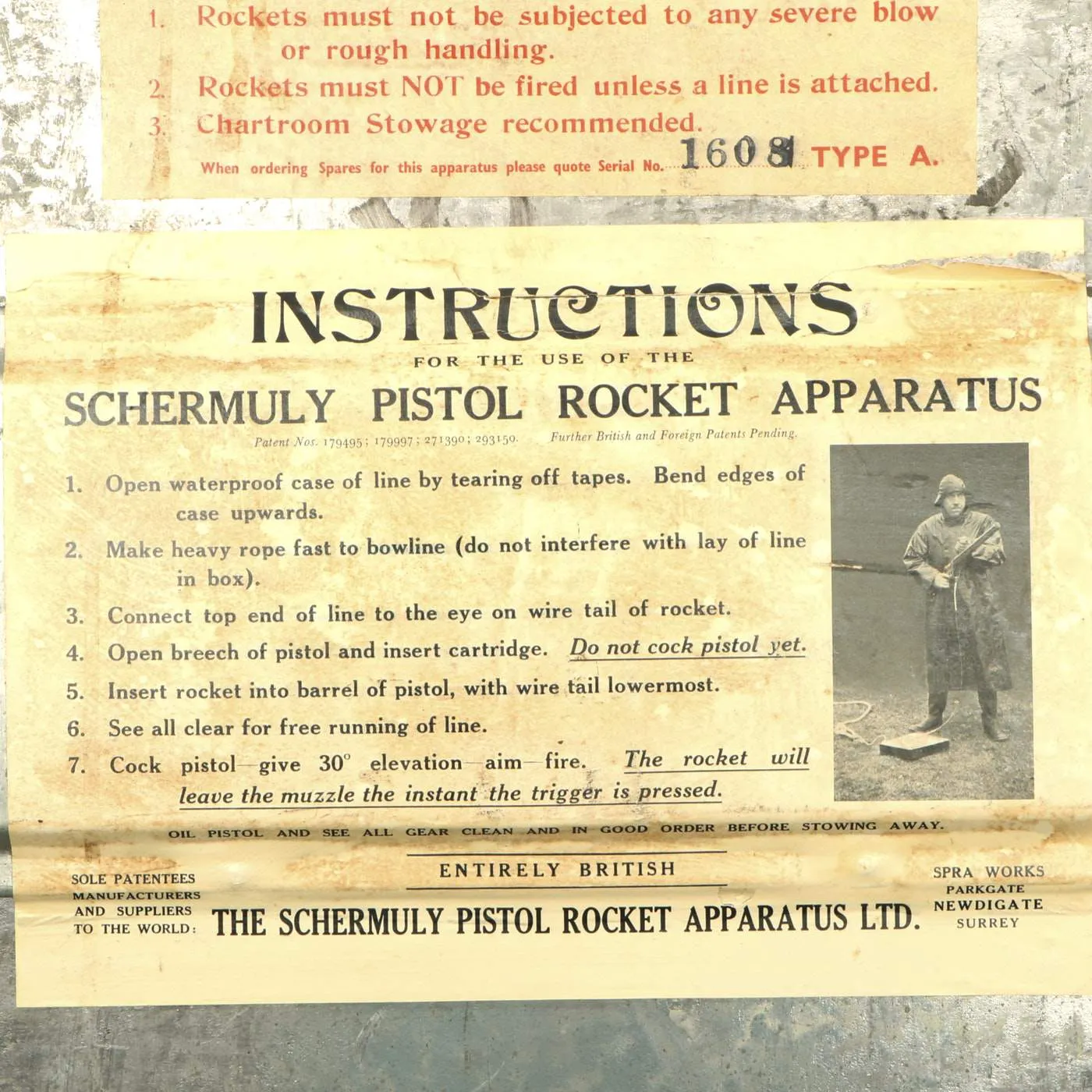 Original British Pre-WWII Schermuly Pistol Rocket Apparatus Rescue Line Thrower Set in Case