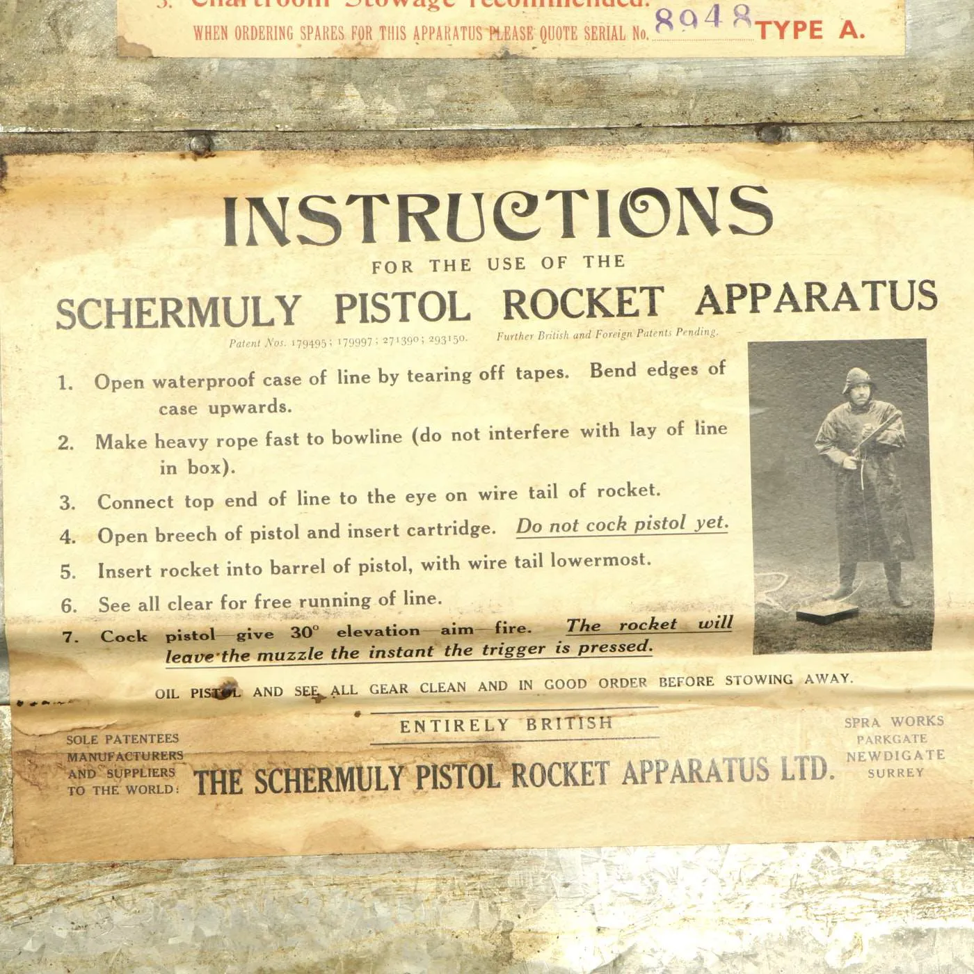 Original British WWII Era Schermuly Pistol Rocket Apparatus Rescue Line Thrower Set in Case