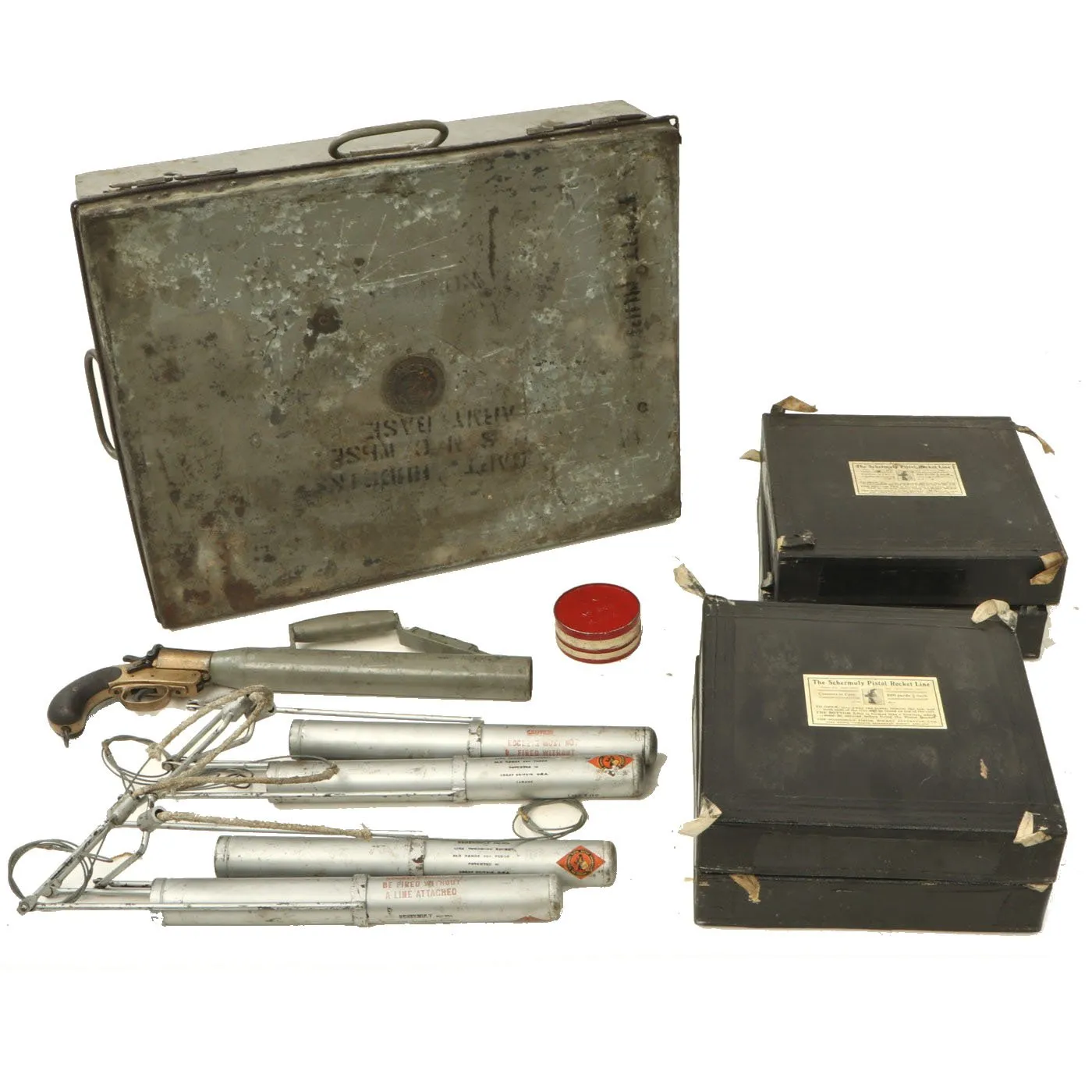 Original British WWII Era Schermuly Pistol Rocket Apparatus Rescue Line Thrower Set in Case