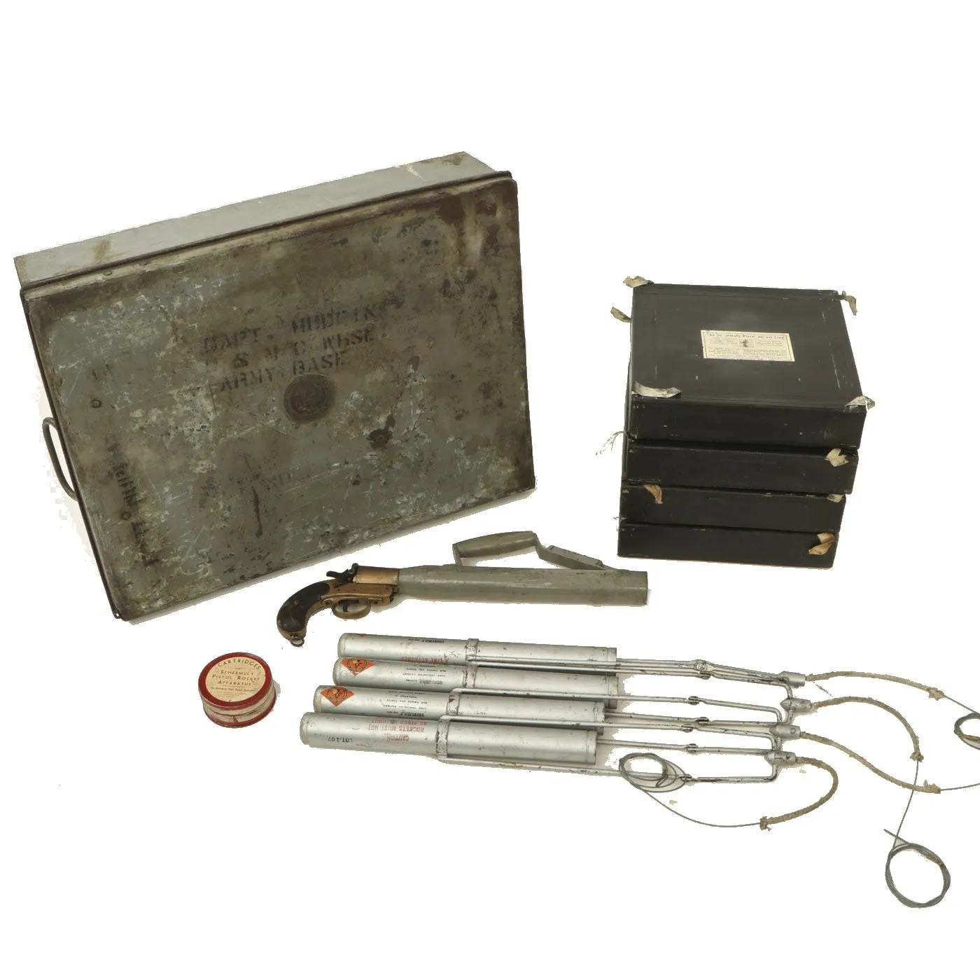 Original British WWII Era Schermuly Pistol Rocket Apparatus Rescue Line Thrower Set in Case