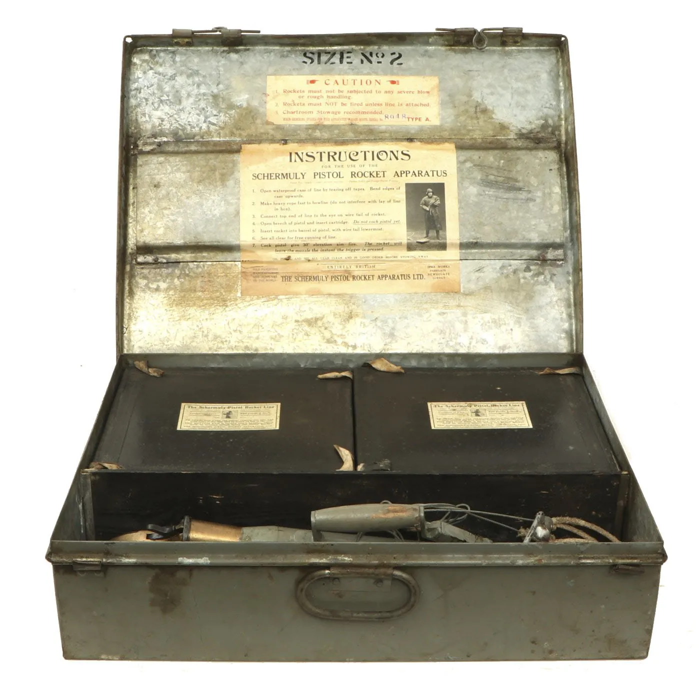 Original British WWII Era Schermuly Pistol Rocket Apparatus Rescue Line Thrower Set in Case