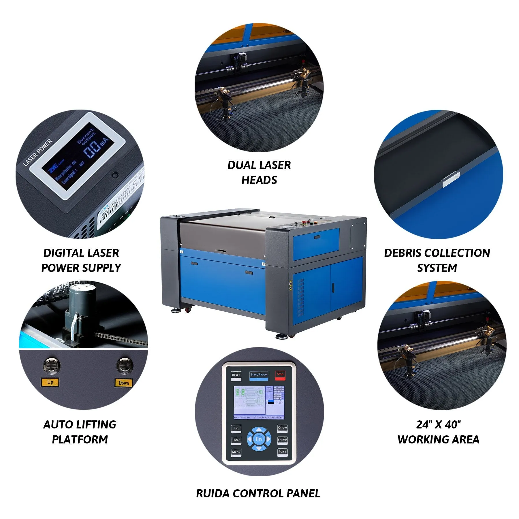Pre-Owned ZF2440-80 -  80W CO2 Dual Laser Engraver Cutting Machine with 24” x 40” Working Area, Dual Laser Tubes and Laser Heads