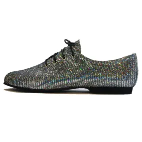 SALE - SILVER HOLOGRAM ON BLACK LACE UP RUBBER SOLE JAZZ DANCE SHOES - SIZE 4
