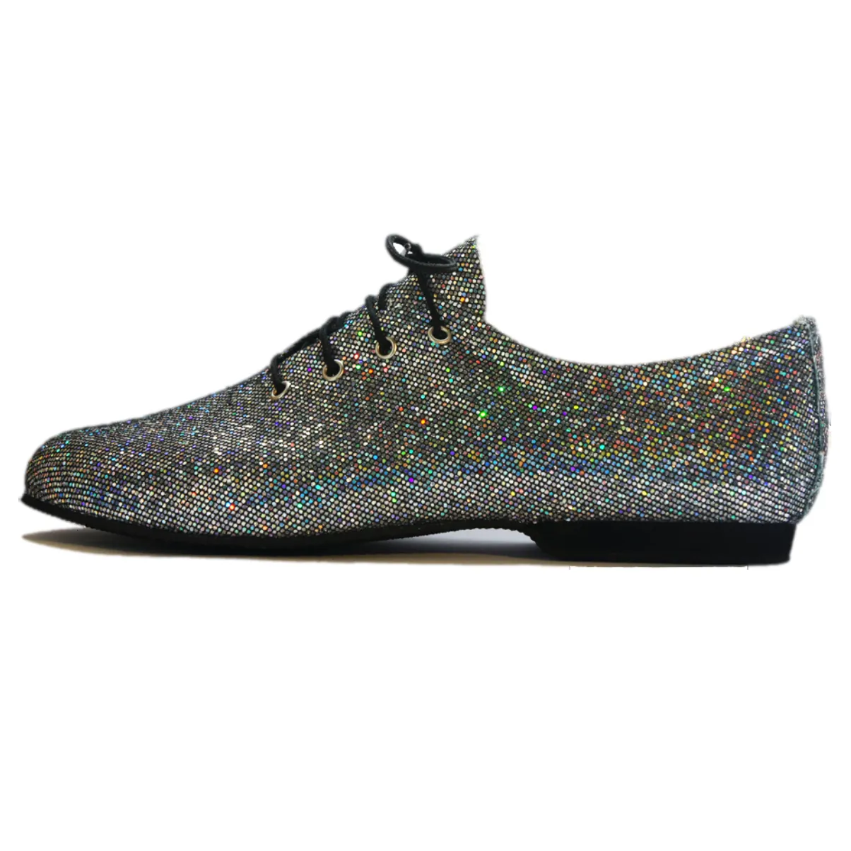 SALE - SILVER HOLOGRAM ON BLACK LACE UP RUBBER SOLE JAZZ DANCE SHOES - SIZE 4