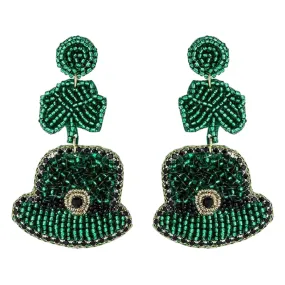 St. Patrick's Day Beaded Lucky Clover & Hat Dangle Fashion Earrings