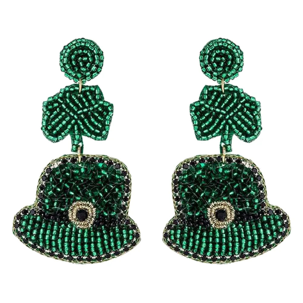 St. Patrick's Day Beaded Lucky Clover & Hat Dangle Fashion Earrings